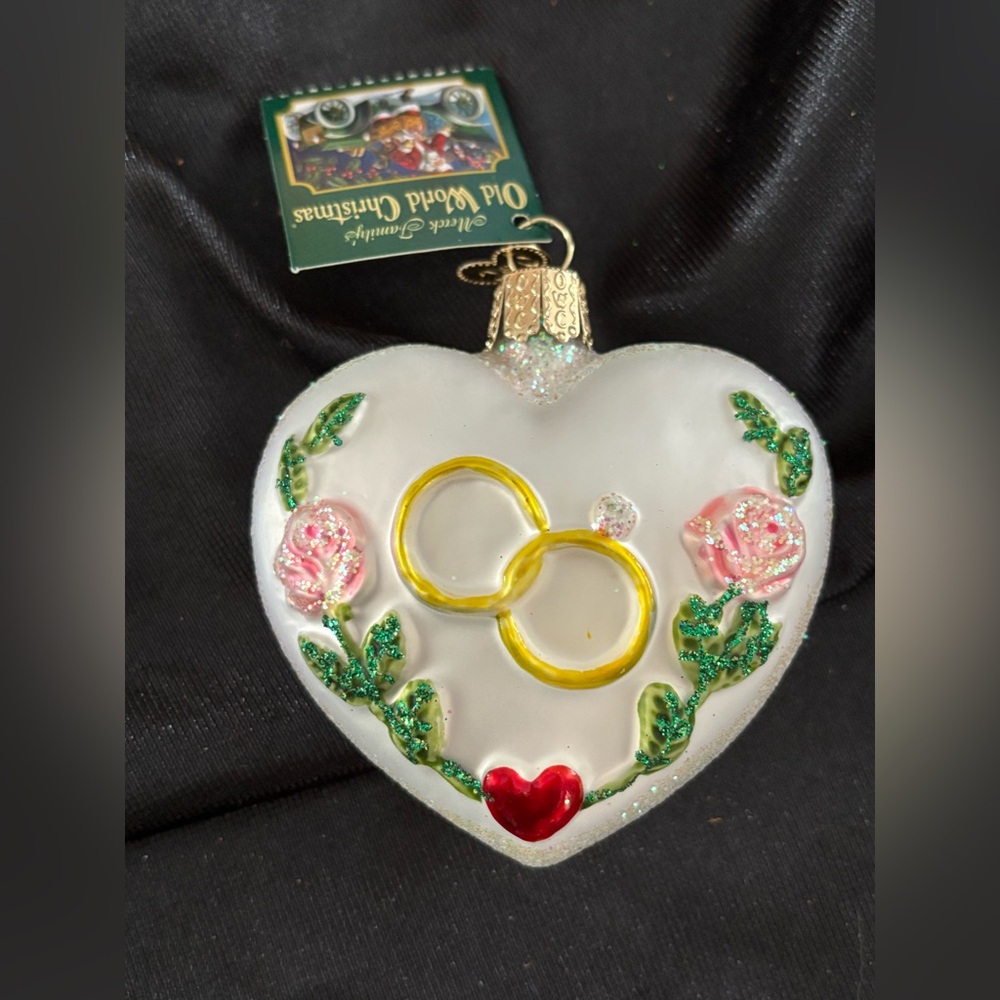 Wedding/Engagement Heart Merck Old World Christmas Ornament with rings and roses